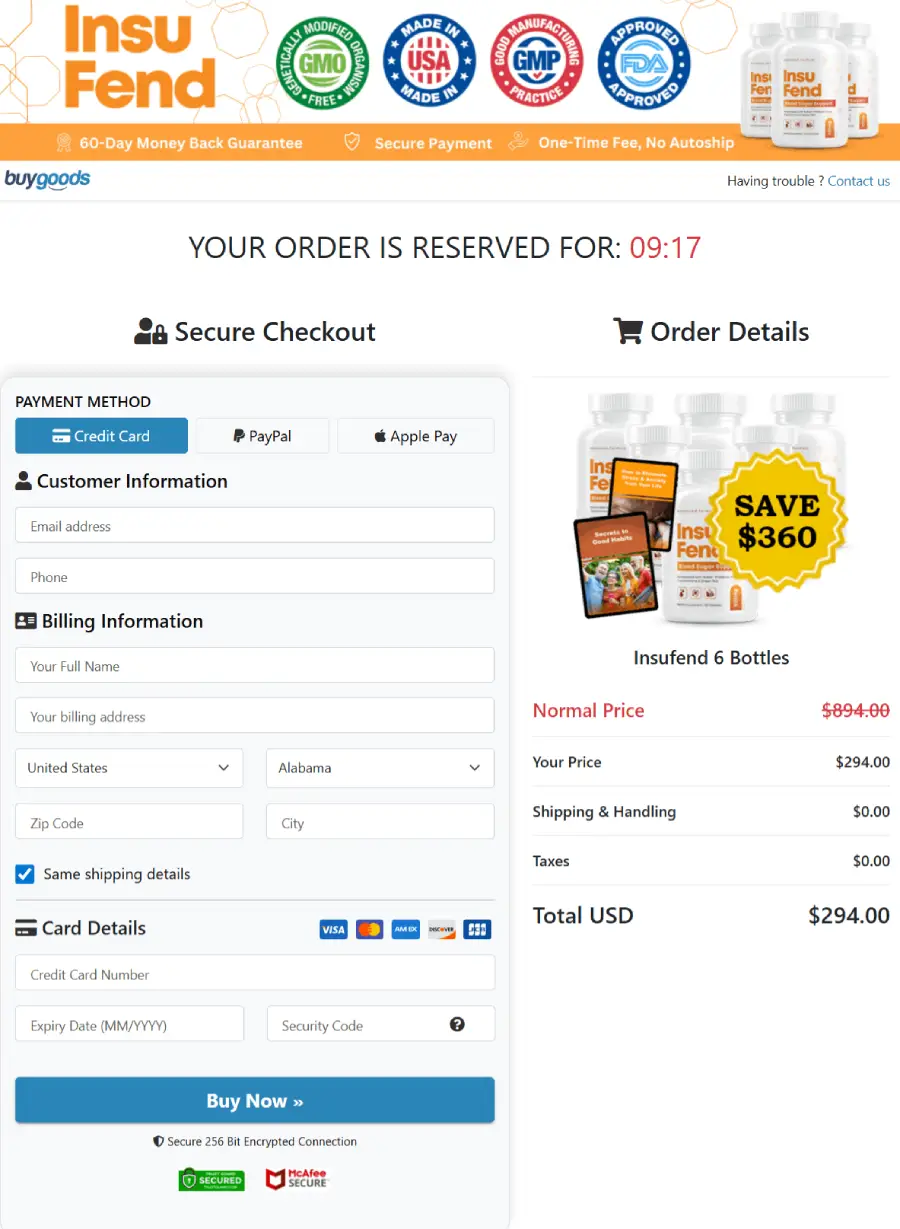 Secure checkout badge displayed on Insufend order page